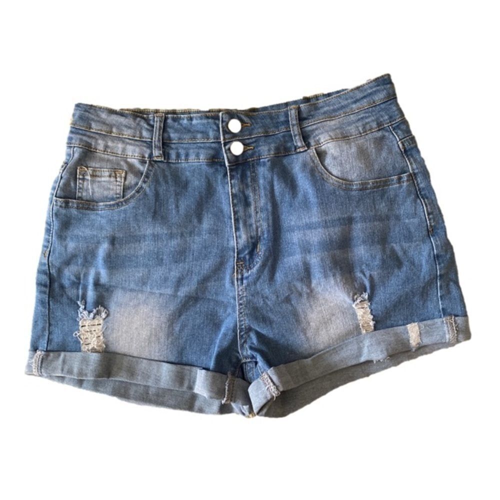 High-Waisted Denim Shorts Blue Double Button Distressed NWT - Picture 5 of 8